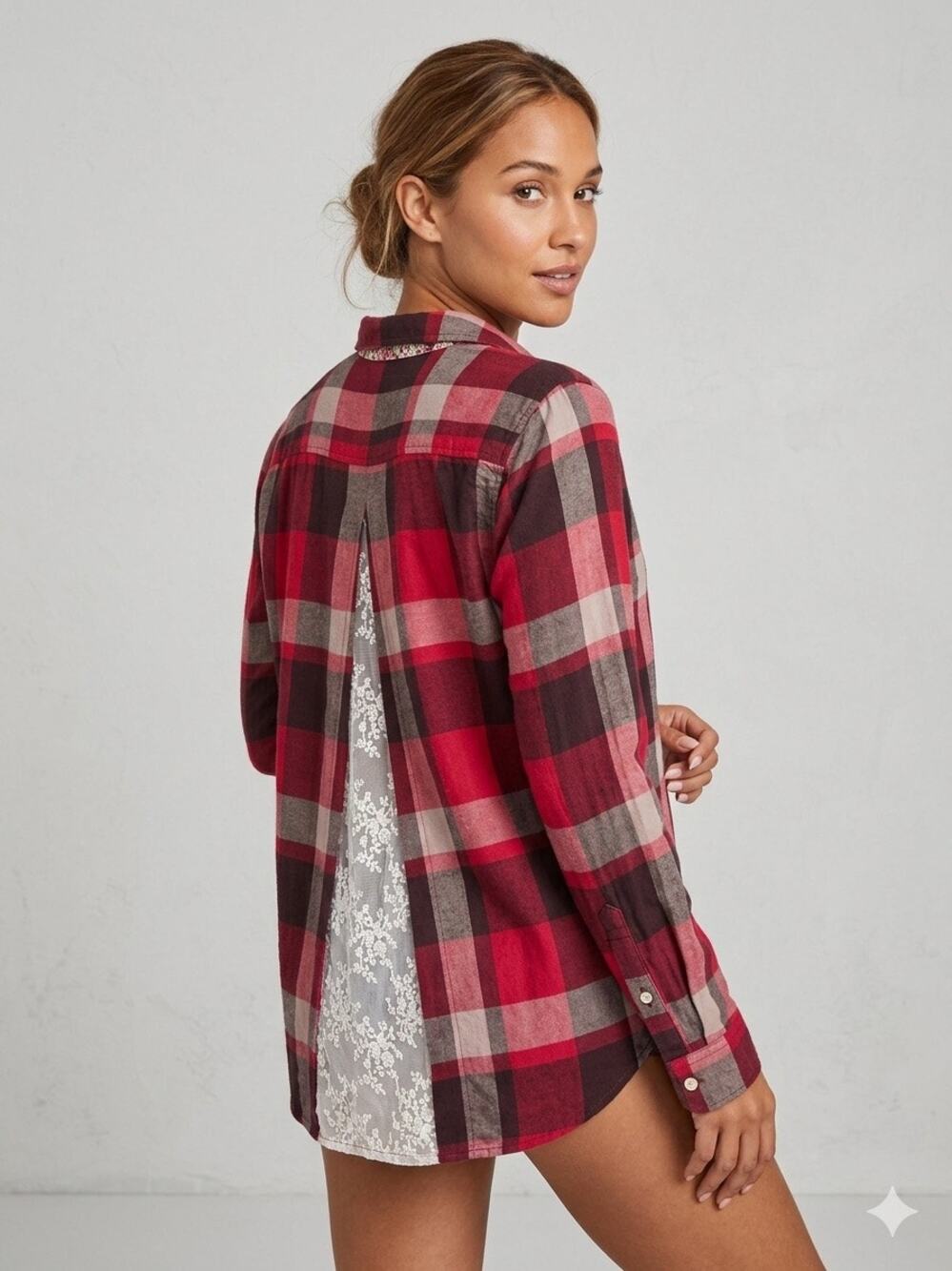 Anthropologie Isabella Sinclair Plaid Button Front Shirt Lace Back Top Size S